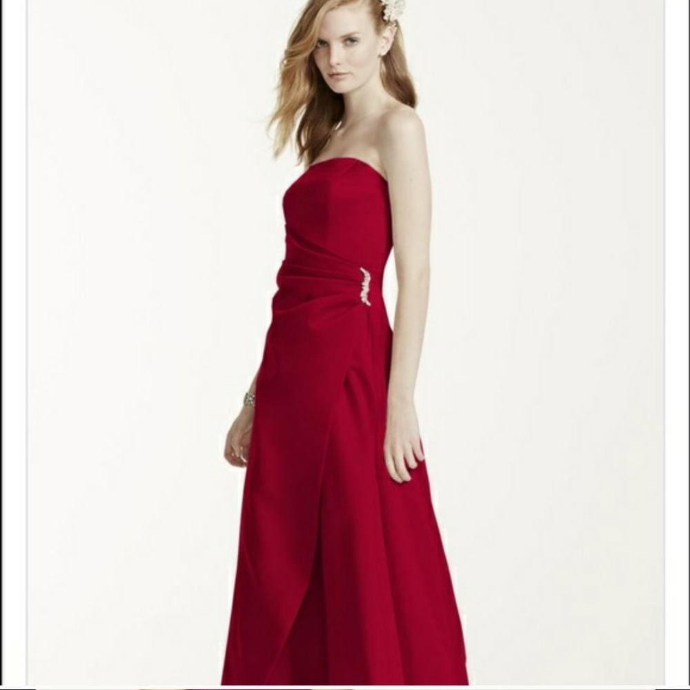 David's Bridal red strapless dress